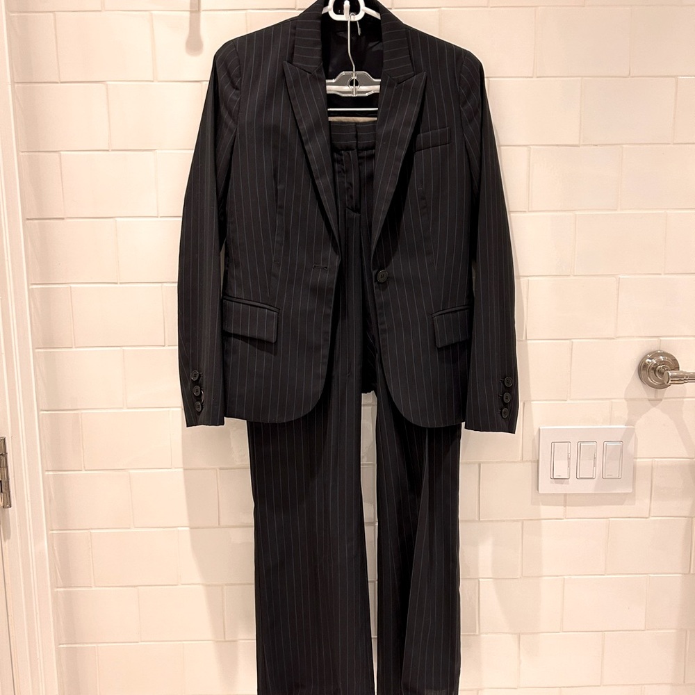 Theory blazer and pants in navy pinstripe